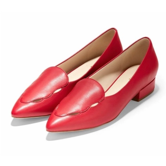 Cole Haan Leah Skimmer Pointed Toe Scallop Cut-outs Flats Sz 11 Tango Red Office - Picture 1 of 16